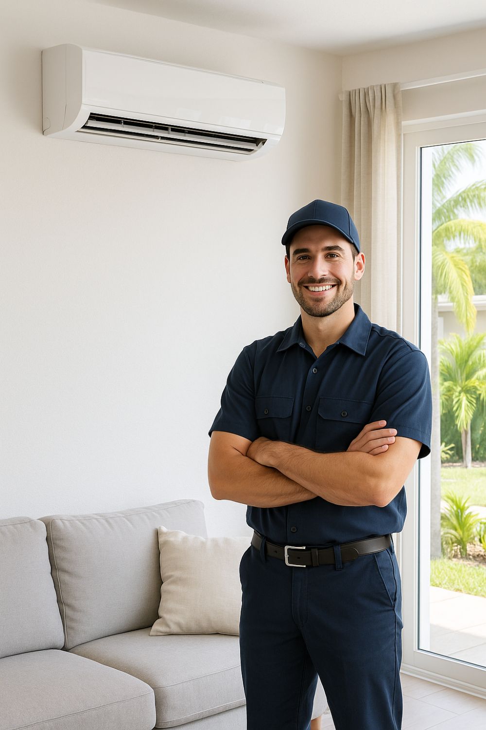 A professional technician beside a freshly installed ductless mini-split in a bright, modern Florida home