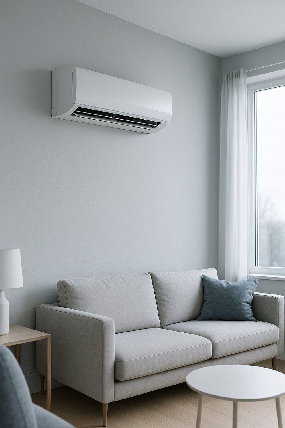 A white wall-mounted ductless mini-split indoor unit in a bright, modern living room