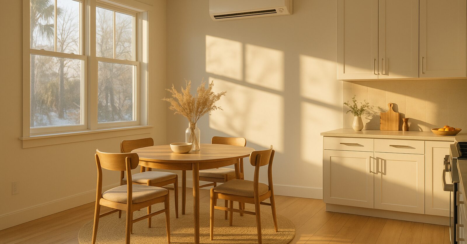 A ductless mini-split in a bright modern Florida kitchen and dining area on a winter morning