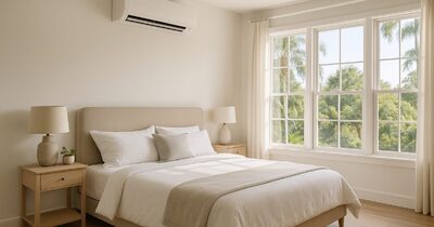 A ductless mini-split air handler in a calm, modern Florida bedroom